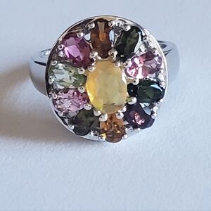 Stunning Sterling Silver Ring with Multicolor Gemstones, Sz 8